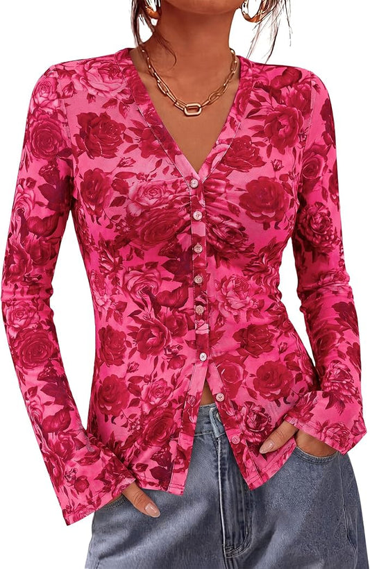 BTFBM Button Down Shirts for Women 2026 Fall Boho Tops V Neck Long Sleeve Blouses Ruched Mesh Fitted Fashion Clothing by BTFBM