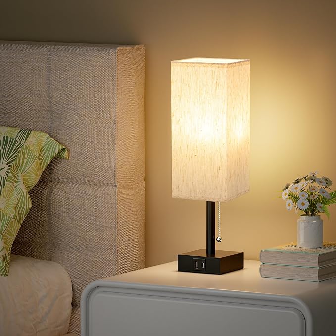 aooshine Pull Chain Small Table Lamp - 3 Color Temperature Bedside Lamp for Bedroom with USB Port, Minimalist Nightstand Lamp with Black Base, Desk Lamp for Kids Room Dorm, Bulb Included | Pull Chain Switch, LED Bulb Included, Cream Fabric Shade, 14.7"... - Image 6