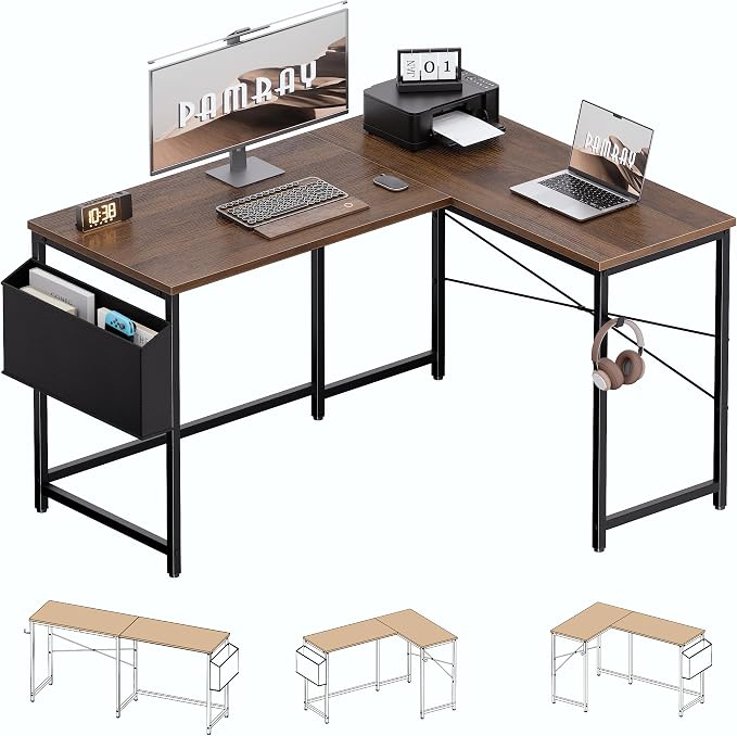 Pamray 47 Inch Reversible L Shaped Gaming Desk Corner Computer Desk with Storage Bag Home Office Table for Writing Study Brown - Image 4