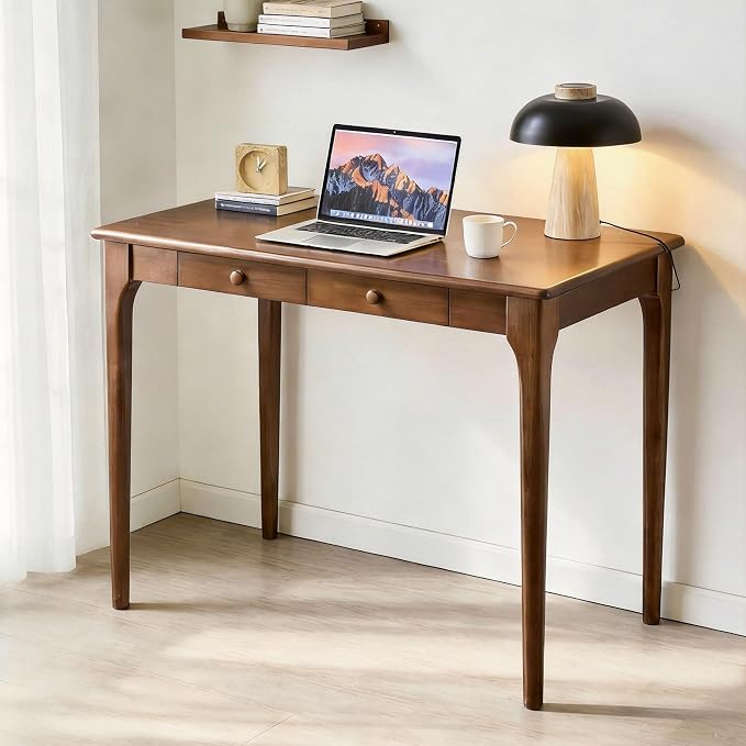 40" Walnut Solid Wood Desk with Drawers,Mid Century Modern Natural Real Wood Writing Desk,Home Bedroom Small Spaces Computer Office Workstation Desks - Image 3