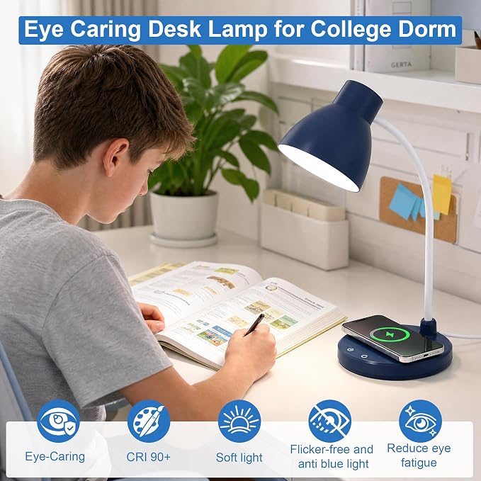 LED Desk Lamp for Home Office with Wireless Charger, Navy Blue | 3 Color Modes Dimmable Eye-Caring Study Reading Dorm Desk Lamp, 360° Flexible Arm Table Lamp for College Dorm Room, 800 Lumen - Image 5