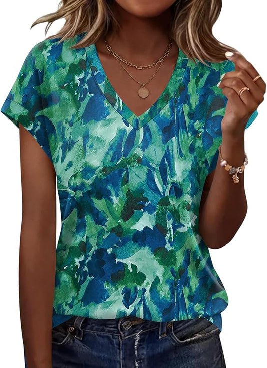 Rapbin Womens Summer Tops Women Blouses Dressy Casual V Neck T Shirts Short Sleeve Spring Tops for Women by RAPBIN