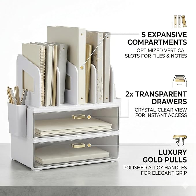 CiWiVOKi Desk Organizer with 4 File Slots and 2 Drawers, White | Desktop organizer with dual pen holders for storing files, mail, notebooks and office supplies in home or office use - Image 6