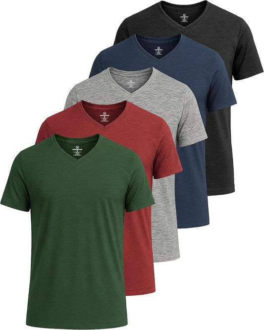 5 Pack Men's Dry Fit V Neck Gym Workout T Shirts Athletic Moisture Wicking | Cooling, Quick Dry, Breathable, Short Sleeve, Exercise, Cycling, Sports, Outdoor, Fitness, Golf, Crossfit, Hiking, Tennis by RealEssentials