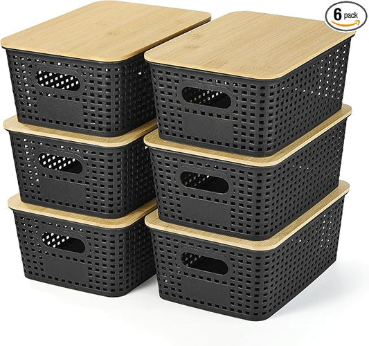 Ohmlove Plastic Storage Baskets With Bamboo Lid - Plastic Storage Containers Stackable Storage bins: Storage Baskets for Organizing Shelves Drawers Desktop Closet Playroom Classroom Office, 6 Pack by OHMLOVE