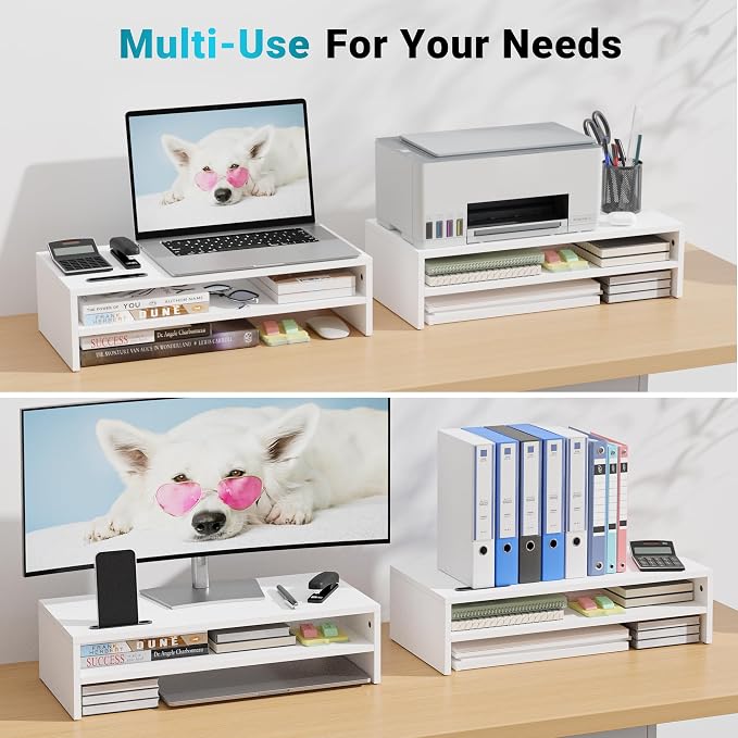 BONTEC Wood Monitor Stand Riser, 2-Tier Desktop Organizer | Ergonomic Computer Stand for Desk, Cable Management, Cellphone Holder, 21.3 Inch Shelf, White - Image 8