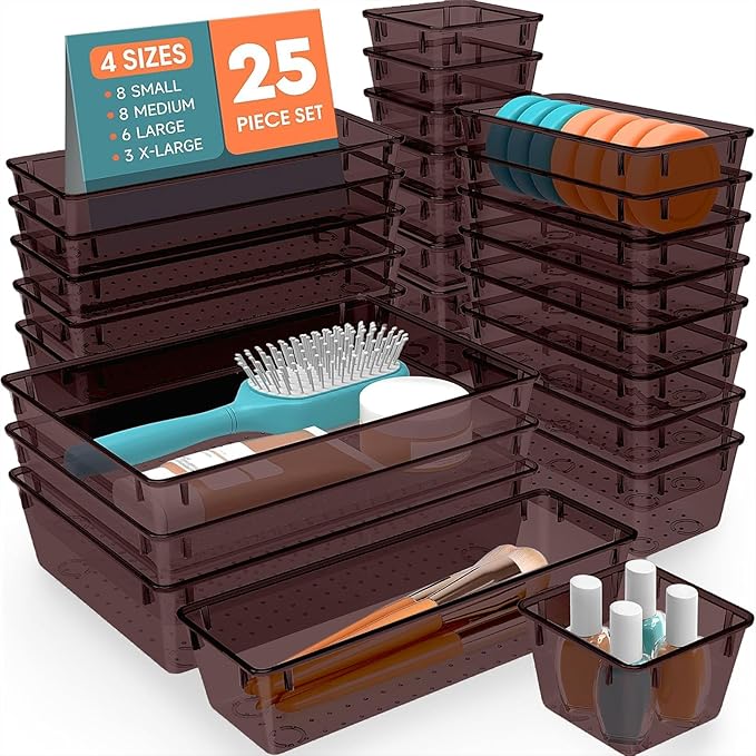SpaceHacks 25 PCS Plastic Drawer Organizer Set, 4-Size Versatile Organizer Trays & storage Bins for Makeup, Jewelry, and Gadgets in Bathroom, Bedroom and Office,Brown by SpaceHacks