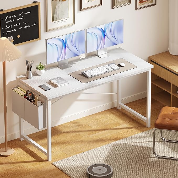 OLIXIS Computer Desk, 55 Inch Gaming Desks for Home Office Small Spaces | Writing Study Craft Work Table, Computer Workstation for Bedroom with Storage Bag, All White - Image 2