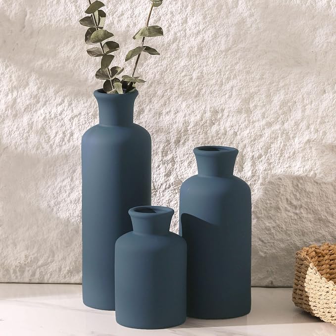 Ceramic Vase Set of 3, Neutral Modern Vases Home Decor Boho Vase Farmhouse Decor Flowers Pampas Vases for Table Mantel Entryway Shelf Living Room Kitchen Bathroom - Navy Blue - Image 7