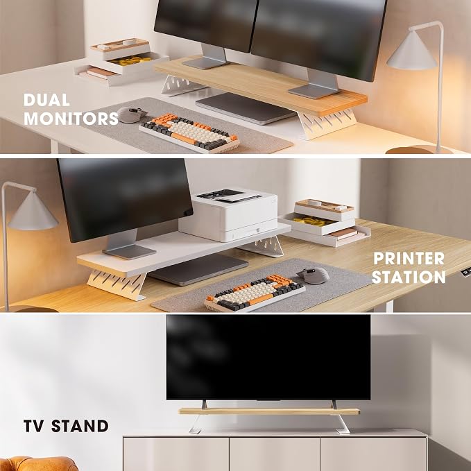 Fenge Monitor Stand Riser, 31.5 Inch Desk Top Shelf for 2 Monitors, Computer Stands for Desk, Wood & Steel Desktop Riser for Laptop, PC, Printer - Image 7