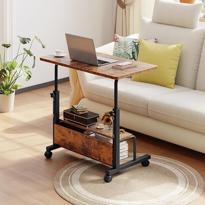 DUMOS Rolling Desk, Storage Shelves, Laptop Table, Home Office | Height Adjustable Design, Computer Desks on Wheels, Portable for Small Spaces Use, Rustic Brown - Image 7