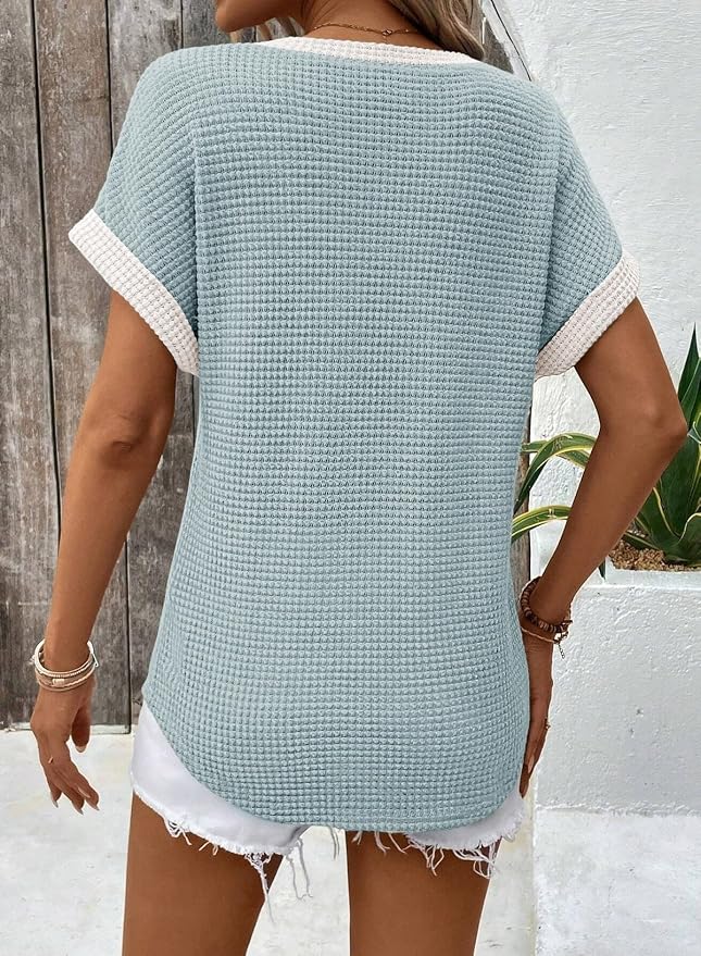 Dokotoo Womens Waffle Knit Tops 2026 Spring Summer V Neck Shirts Casual Trendy Women's Blouses Basic Tee - Image 4