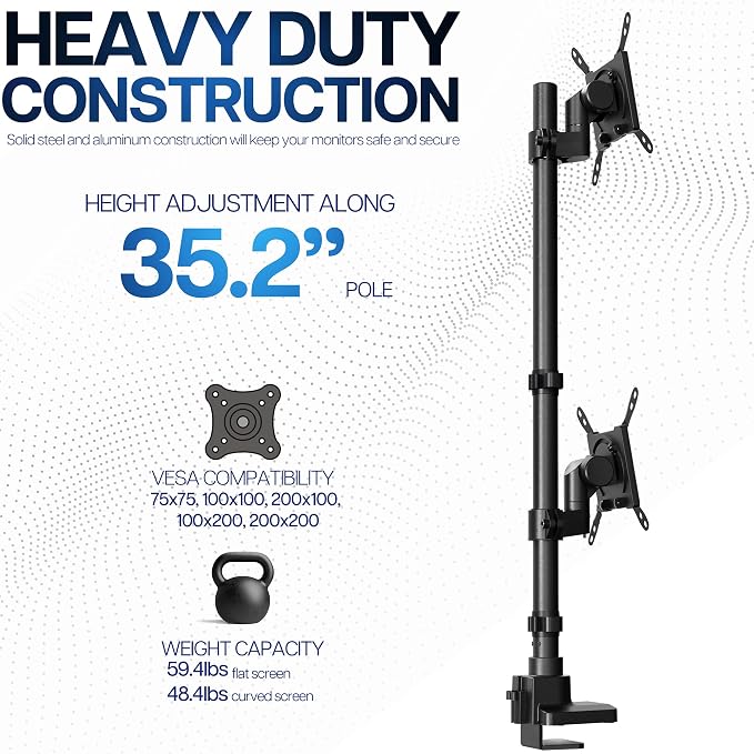 VIVO Dual Vertically Stacked Ultra-Wide Monitor Desk Mount for up to 57 inch Screens, Heavy Duty Adjustable Stand for 2 Ultrawides, 59.4 lbs Capacity, Black, STAND-V257R - Image 5