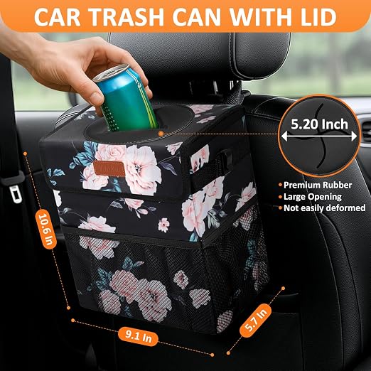 Vankor Car Trash Can for Car Cute,Bag Bin Hanging Waterproof Automotive Garbage Cans Leak Proof Vehicle Trash Can Black Floral - Image 2