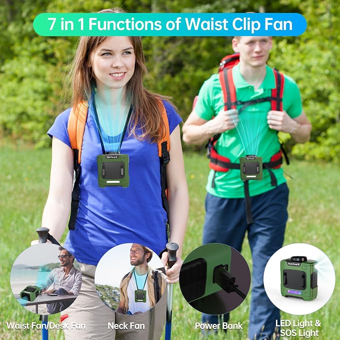 Waist Fan, 10000mAh Rechargeable Belt Clip Fan, 24H Runtime, 49ft/s Strong Airflow, 3-Speed 7-in-1 Hands-Free Personal Fan with Bottom Air Intake and LED SOS Light for Jobsite Outdoor Work - Image 5