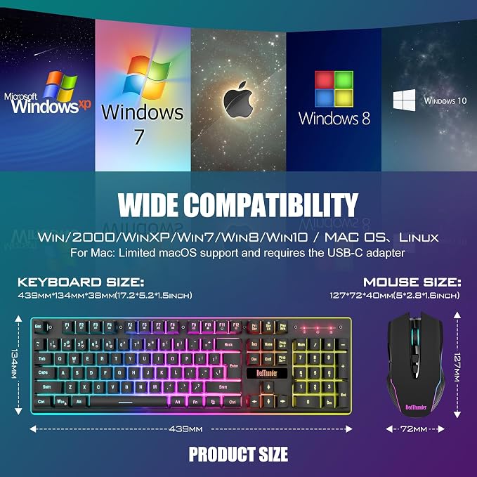 RedThunder K10 Wireless Gaming Keyboard and Mouse Combo, LED Backlit Rechargeable 3800mAh Battery, Mechanical Feel Anti-ghosting Keyboard + 7D 3200DPI Mice for PC Gamer (Black) - Image 7