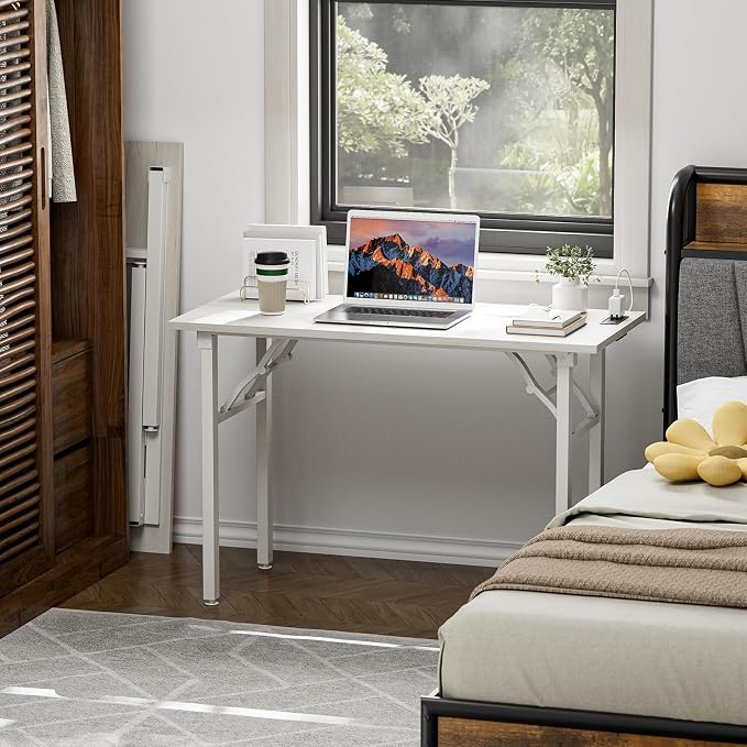 TEMI Small Computer Desk Folding Table - No Assembly, Compact 43.3" Foldable Desk with Power Outlets & USB Charging Port, Portable Small Office Desk, Ideal Mini Study Table for Narrow Spaces,White Ash - Image 2