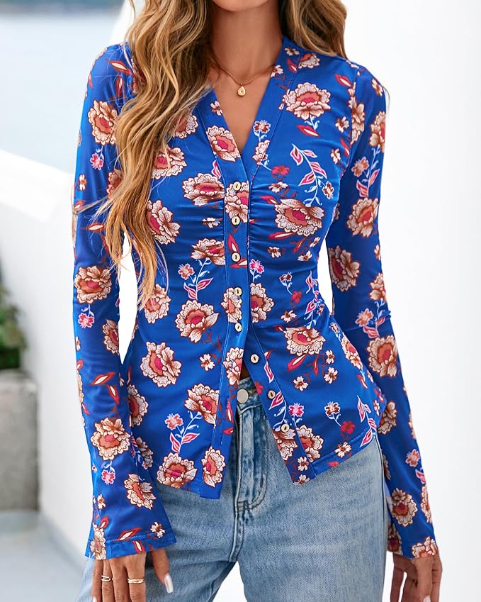 BTFBM Button Down Shirts for Women 2026 Fall Boho Tops V Neck Long Sleeve Blouses Ruched Mesh Fitted Fashion Clothing - Image 2