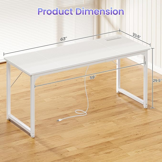 PRAISUN 63 X 24 Inch Computer Desk, Power Outlets, USB-C, White | Office Desk with 4 AC Outlets, USB & USB-C, Sturdy Metal Frame, Spacious Desktop for Work, Writing, Study & Gaming - Image 3