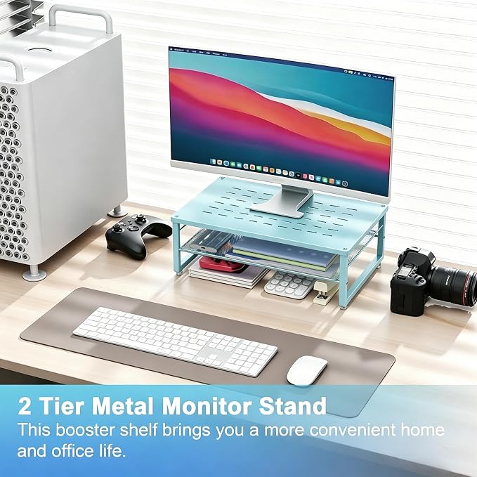 gianotter 2-Tier Metal Monitor Stand Riser, Desk Organizer for Monitor, Office Desk Storage Organizer for Office Supplies (Blue) - Image 2