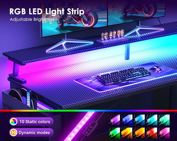 ODK 58 Inch L Shaped Gaming Desk with LED Lights, Power Outlets, Black | Adjustable Monitor Stand, Open Storage Shelves, Hanging Side Bag, PC Tower Stand, Reversible Layout for Gaming - Image 5