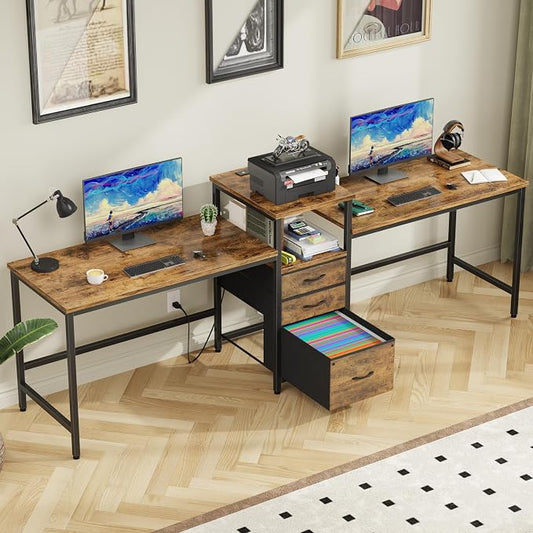 GYIIYUO 93'' Two Person Desk with Charging Station, Long Desk with 3 Drawer | Double Computer Desk with Printer Shelf, 2 Person Writing Study Table Workstation for Home Office, Rustic Brown by GYIIYUO