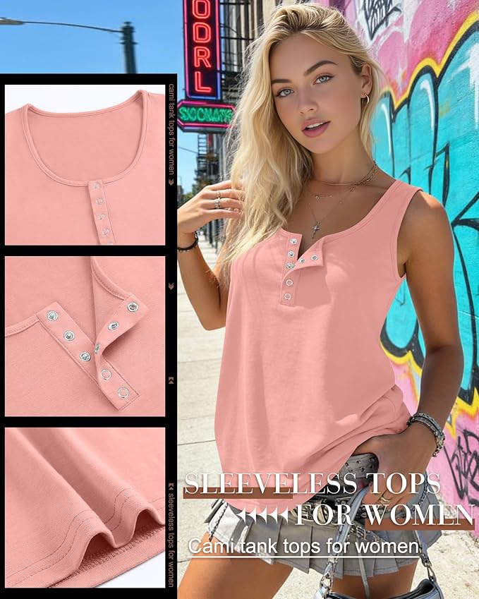 Ficerd 3 Pack Women's Henley Tank Tops Sleeveless Button Down Summer Shirts 2026 Casual Trendy Loose U Neck Tee Blouses - Image 5