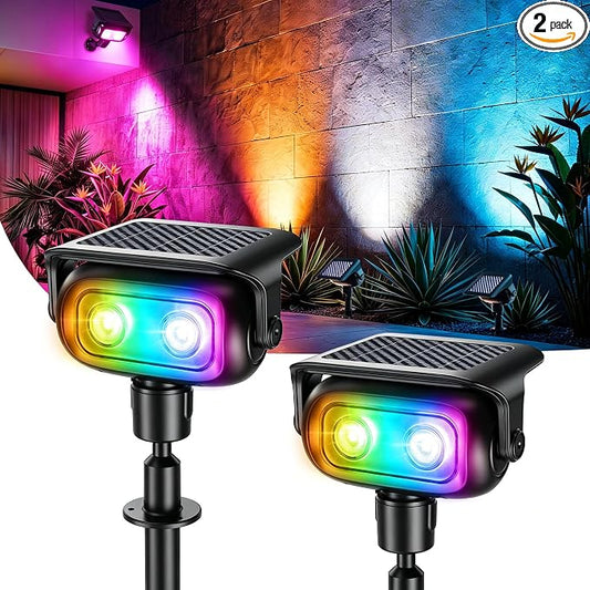 Brizled Solar Spot Lights Outdoor Landscape RGB Color Changing Spotlight | 360° Rotation Head; 9 Color & 11 Mode; IP65 Waterproof; Adjustable Height; Stake or Wall Mounted for Yard Tree Garden Pathway by Brizled