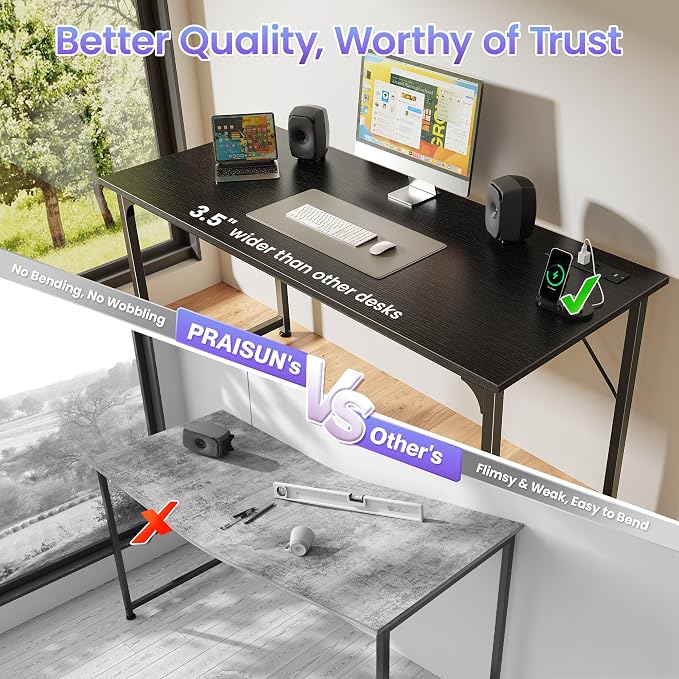 PRAISUN 55 X 20 Inch Computer Desk, Power Outlets, USB-C, Black | Office Desk with 4 AC Outlets, USB & USB-C, Sturdy Metal Frame, Spacious Desktop for Work, Writing, Study & Gaming - Image 6
