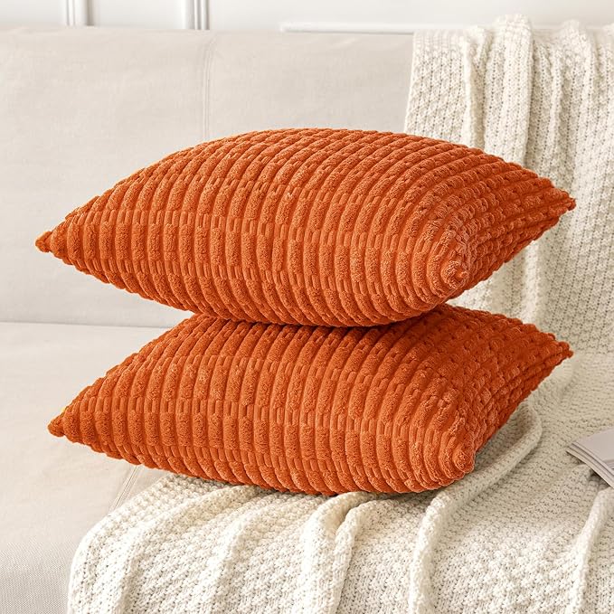 MIULEE Fall Pack of 2 Orange Corduroy Decorative Pillow Covers 18x18 Inch Soft Boho Striped Throw Pillow Covers Modern Farmhouse Home Decor for Halloween Thanksgiving Sofa Living Room Couch Bed - Image 5