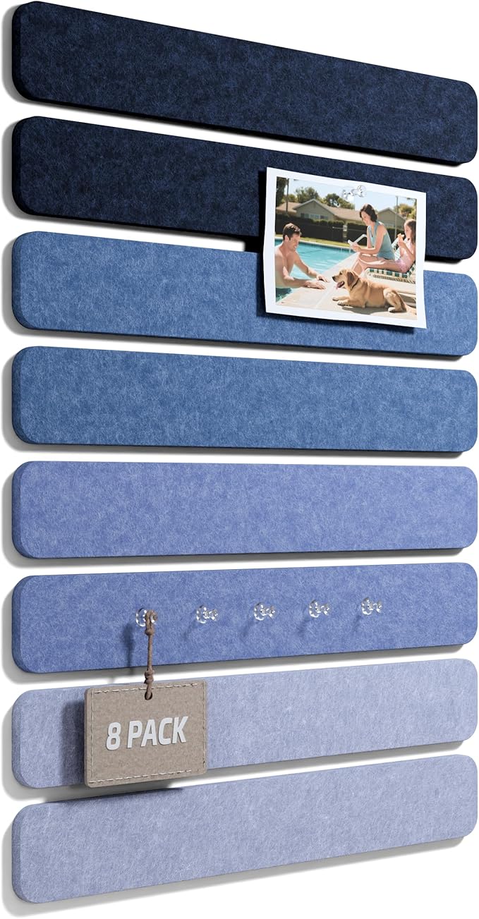 Fluxynara 13" x 2" Felt Wall Panels, Denim Mist | 8-Pack Includes 50 Push Pins and Adhesive Tabs for Photos, Notes and Decor in Bedroom Doors, Home Office or Studios by FLUXYNARA