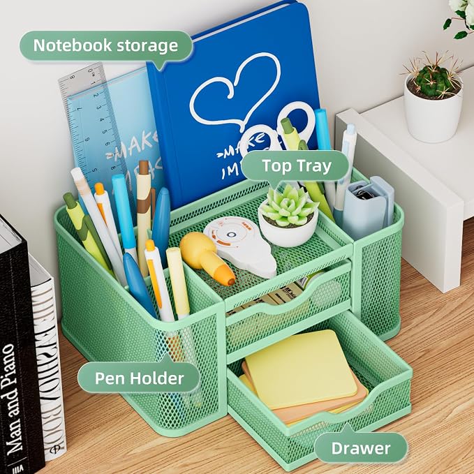Marbrasse Mesh Desk Organizer, Pen Organizer with 2 Drawer, Multi-Functional Pencil Holder, Desk Organizers and Accessories with 5 Compartments + Drawer for Office Art Supplies (Green) - Image 2