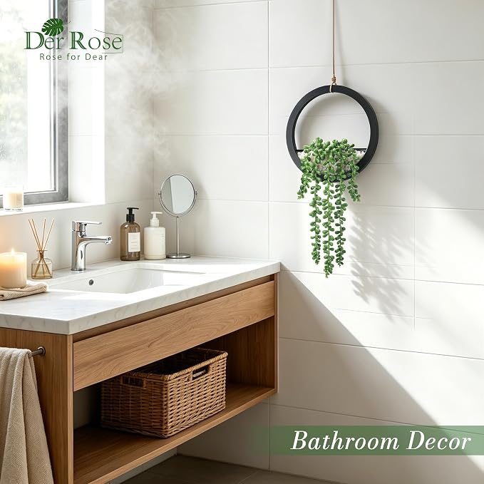 Der Rose 2 Pack Fake Plants Hanging Artificial Succulents Plants in Black Pots for Living Room Bathroom Accessories Boho Farmhouse Wall Decor - Image 2