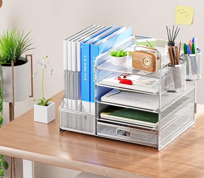 Marbrasse Desk Organizer with File Holder, 5-Tier Paper Letter Tray Organizer with Drawer and 2 Pen Holder, Mesh Desktop Organizer and Storage with Magazine Holder for Office Supplies (Silver) - Image 3