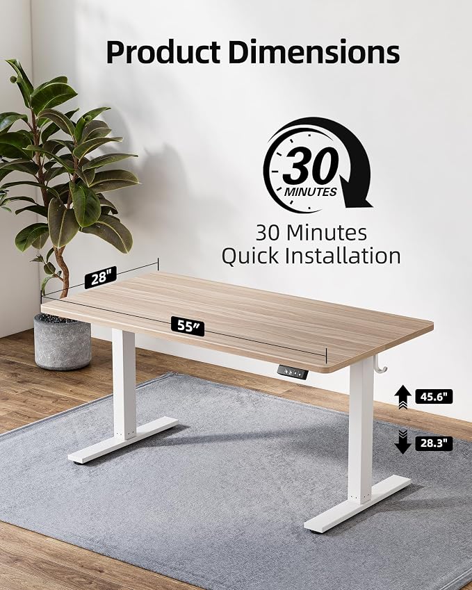TIQLAB 55 * 28 Inches Standing Desk, Adjustable Height Stand up Desk,Sit Stand Home Office Table with Splice Board, Light Walnut - Image 4