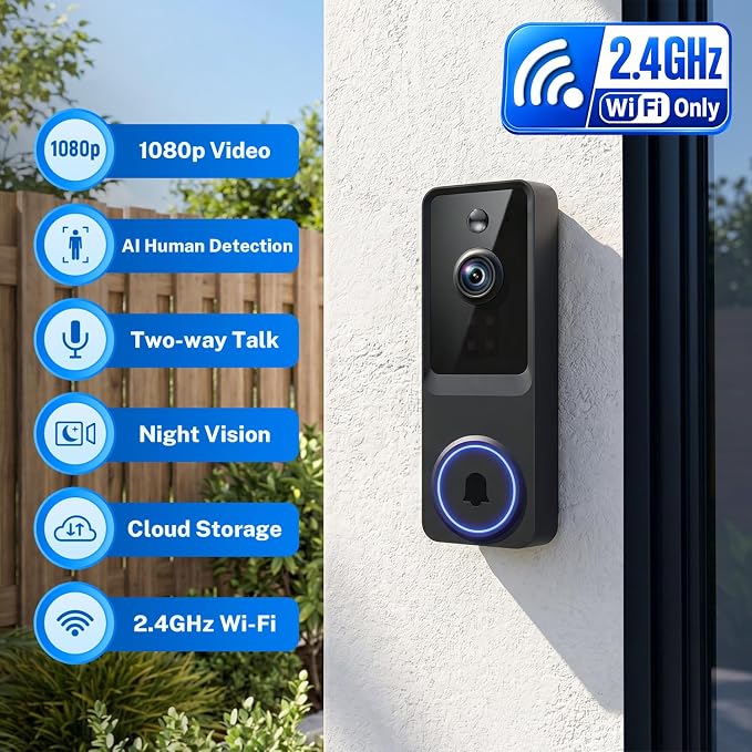 Doorbell Camera Wireless, 1080P Video Doorbell Camera Battery Powered, Security Camera with AI Human Detection, 2-Way Audio, Night Vision, Cloud Storage, 2.4G WiFi, Front Door Camera for Home Security - Image 2