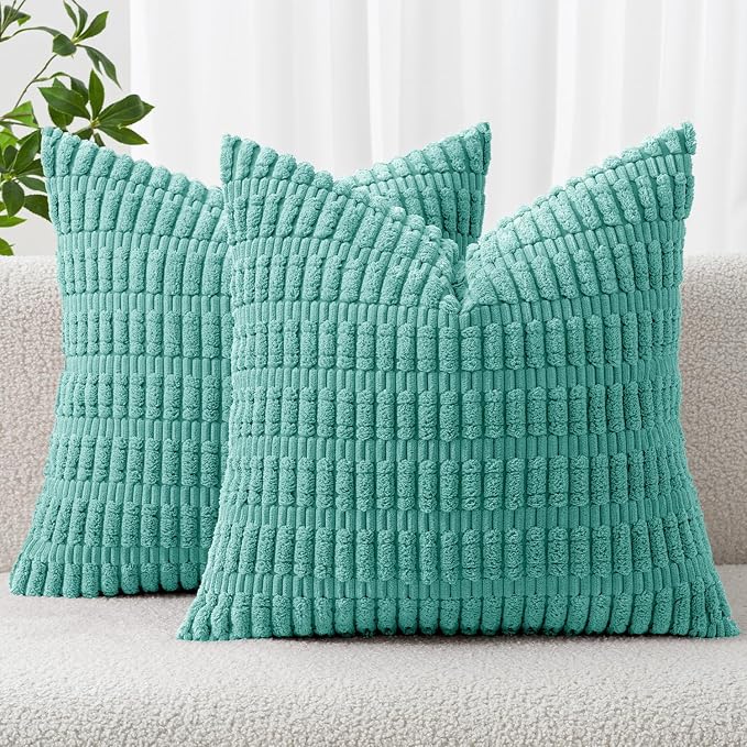 MIULEE Pack of 2 Corduroy Decorative Throw Pillow Covers 20x20 Inch Soft Boho Striped Pillow Covers Modern Farmhouse Home Decor for Summer Sofa Living Room Couch Bed Aqua Green by MIULEE