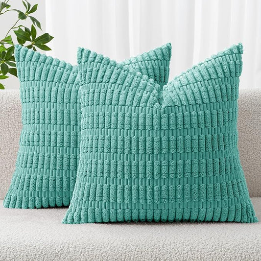 MIULEE Pack of 2 Corduroy Decorative Throw Pillow Covers 20x20 Inch Soft Boho Striped Pillow Covers Modern Farmhouse Home Decor for Summer Sofa Living Room Couch Bed Aqua Green by MIULEE