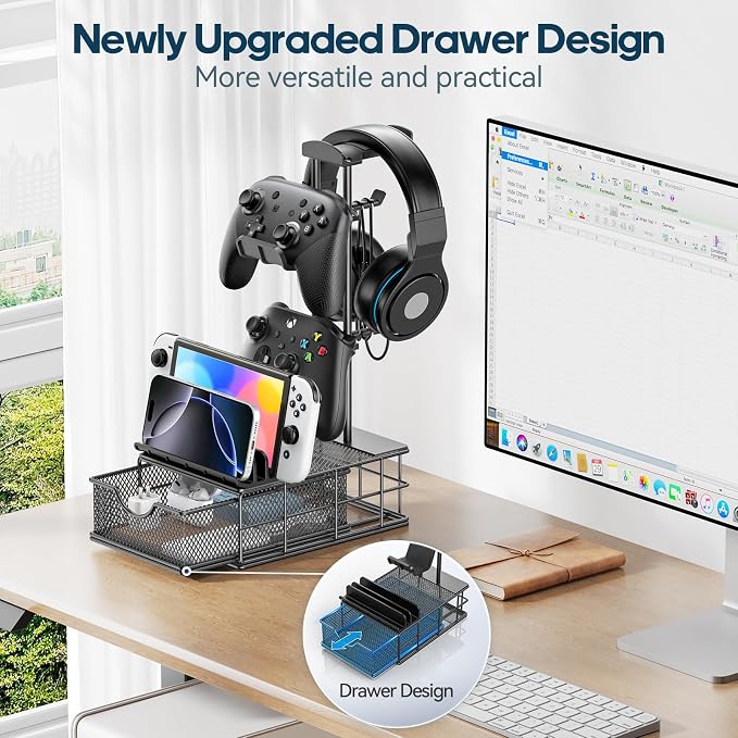 KDD Headphone Stand with Drawer - Headset & Controller Holder for Desk - Aluminum Supporting Bar Earphone Stand with Cable Organizer - Universal Gaming PC Accessories Storage - Image 2