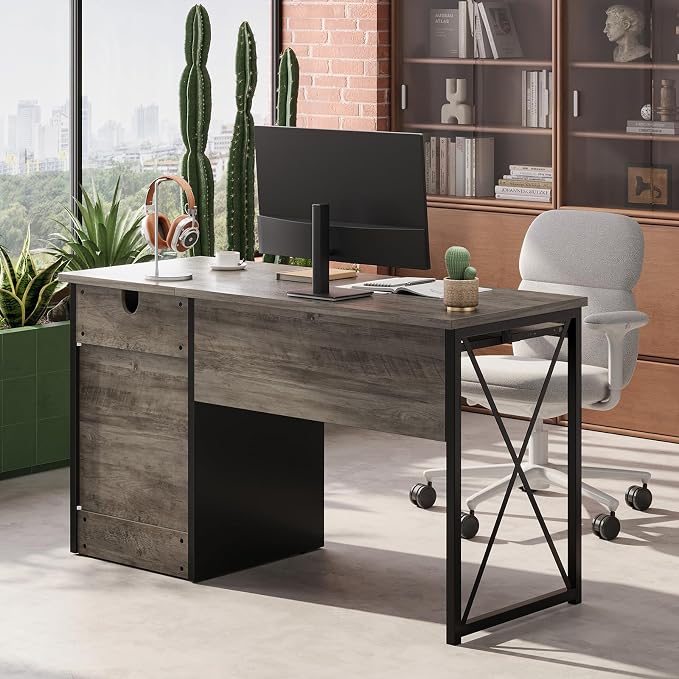 Bestier 47" Office Desk with Drawers, Industrial Computer Desk with Drawer, Reversible Teacher Desk with Storage & Keyboard Tray for Small Space Home Office & Studio, Gray Wash | 47 Inch Desktop With File Drawer, Open Storage, Keyboard Tray And Reversi... - Image 8