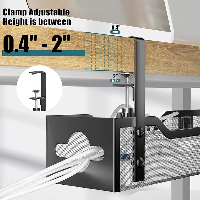 Under Desk Cable Management Tray 32'', Cable Management Under Desk No Drill, Cable Organizer with Clamp for Wire Management, Cord Organizer for Office, Home - No Damage to Table (Black) - Image 3