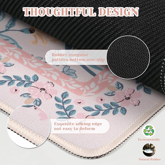 iCasso Aesthetic Mouse Pad for Office Decor,23.6x13.7in,Pink Floral | Desk Matt for Desktop,Anti-Slip Mousepad with Stitched Edges for Laptop Computer Keyboard,Smooth Water-Resistant - Image 4