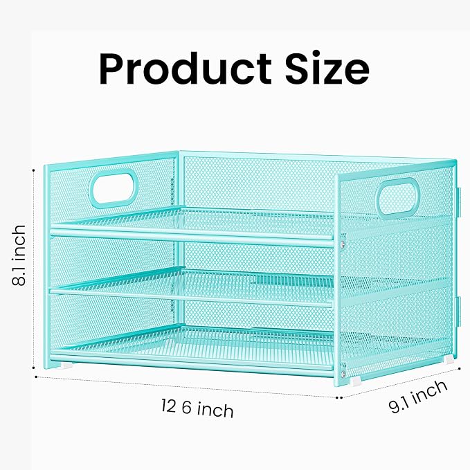 Subekyu 2-Pack 3-Tier Blue Metal Mesh Desk Paper Letter Tray & File Sorter Organizer with Handle + 1 Sliding Tray for Desk, Home, Office, School Supplies, A4 Paper and Accessories Storage - Image 5