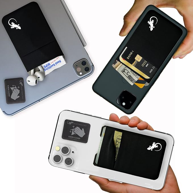 Double Pocket Gecko Phone Wallet - Smartphone Adhesive Card Holder - Cell Phone Pouch - Mobile Stick on Spandex Pocket by Gecko - Carry Credit Cards and Cash – (BLACK-WHITE) - Image 2