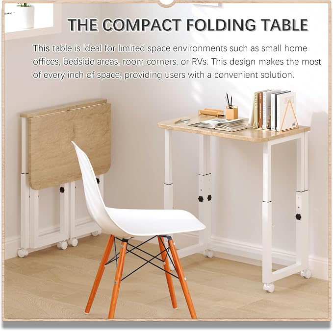 4NM No Tool Assembly 23.6" Small Desk, Folding Portable Desk with Wheels, Adjustable Height Foldable Computer Home Office Desks, Collapsible Study Writing Table for Space Saving Bedroom - Cloud Oak - Image 3