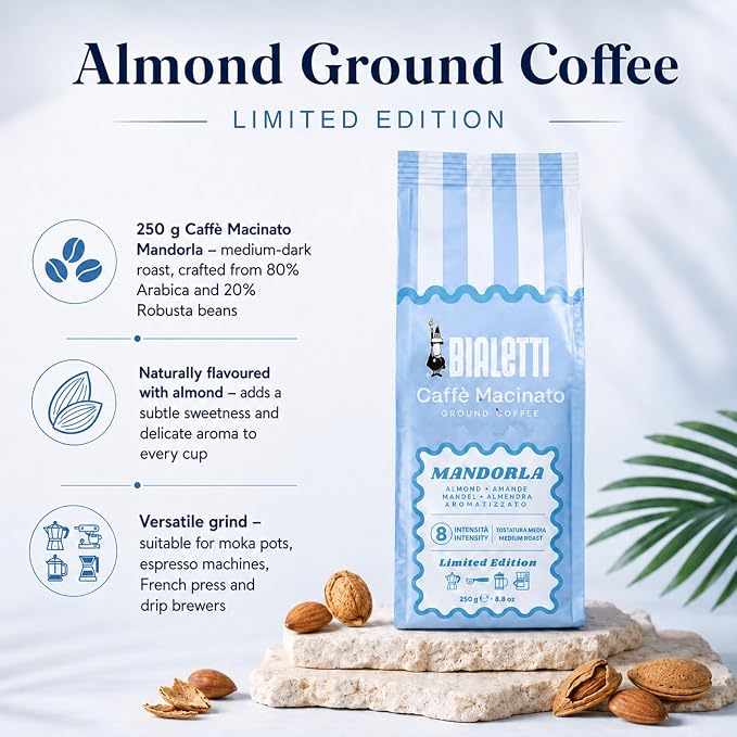 Bialetti Moka Express 3 Cup Light Blue & Almond Ground Coffee Gift Set – Stovetop Espresso Maker with 250g Caffe Macinato Mandorla, 80% Arabica 20% Robusta Medium Dark Roast, Made in Italy - Image 3