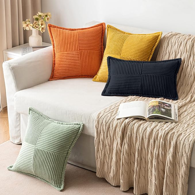 MIULEE Decorative Throw Pillow Covers for Couch Bed Livingroom 18x18 Inch Set of 2 Black Boho Accent Throw Pllows Broadside Striped Patchwork Soft Corduroy Pillowcases - Image 5