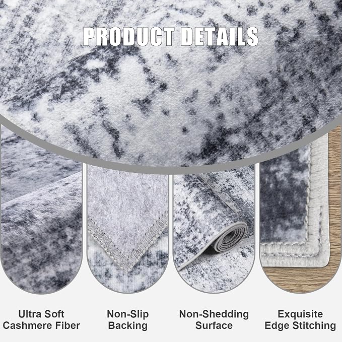 8x8 Area Rug Living Room Rug: Washable Modern Abstract Soft Thin Rug Indoor Floor No Slip Stain Resistant Carpet for Bedroom Dining Room Farmhouse Nursery Home Office - Grey - Image 6