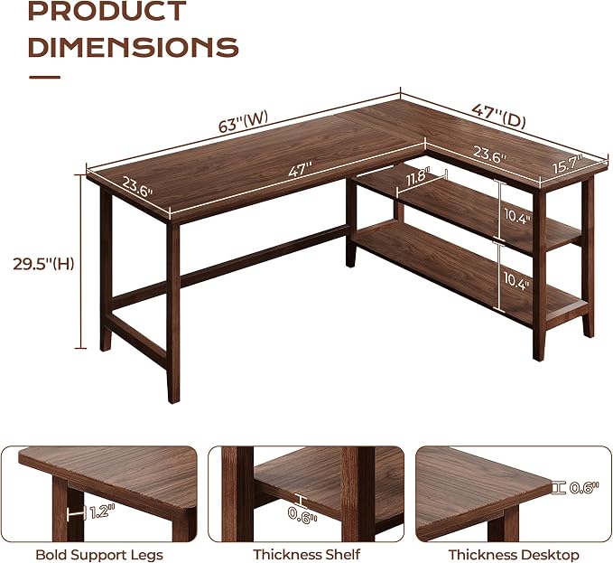 IOTXY Reversible L-Shaped Office Desk - 63" Extra Large Corner Computer Table with Storage Shelves, Solid Wood Legs, Home Writing & Study Workstation, Walnut - Image 2