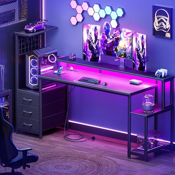 Korfile 63 Inch Gaming Desk with Bluetooth LED Lights & Power Outlets,Computer Desk with Fabric Drawers & Hooks,Reversible Gamer Table with Monitor Stand for Game Room,Home Office,Carbon Fiber Black | Reversible，Computer Desk, Gamer Table, Bluetooth LE... - Image 2